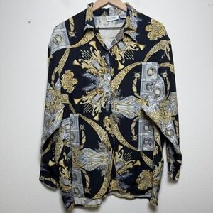 VTG 90 Women‎ 100% Silk Button Front Shirt 16 Black Paisley Equestrian Lagenlook